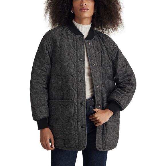Madewell Quilted Oversized Bomber Jacket Medium Charcoal Wool Herringbone Snap - Picture 2 of 7